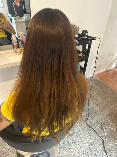 Antes del cambio de look: pelo largo castaño con las puntas cobrizas, en el sillón del estudio
